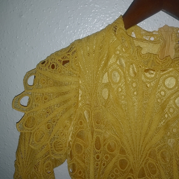 Blueprint Leni M Applique Lace Long Sleeved Mustard Yellow Mini Dress - Picture 8 of 10